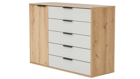 Kombikommode Interliving aus Holz in Hellgrau Interliving Schlafzimmer Serie 1034 – Kombikommode champagnerfarbenes Glas & Bianco Eiche – eine Tür, fünf Schubladen, Breite ca. 120 cm