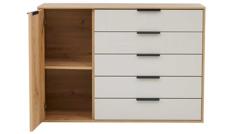 Kombikommode Interliving aus Holz in Hellgrau Interliving Schlafzimmer Serie 1034 – Kombikommode champagnerfarbenes Glas & Bianco Eiche – eine Tür, fünf Schubladen, Breite ca. 120 cm