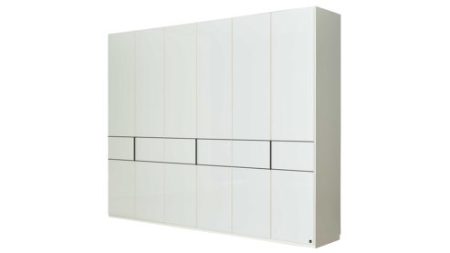 Kleiderschrank Interliving aus Holz in Weiß Interliving Schlafzimmer Serie 1033 – Kleiderschrank weißes Glas & Holz – sechs Türen, Breite ca. 300 cm