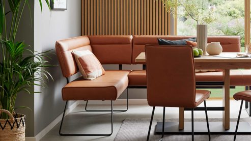 Tischgruppe Interliving aus Holz in Holzfarben Interliving Esszimmer Serie 5505 - Essgruppe mit Eckbank und Stühlen Flachgewebe, Mikrofaser, Artisaneiche & Metall - sechsteilig