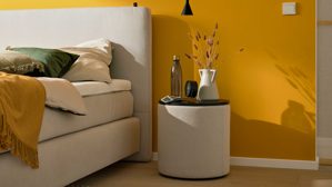 Nachttisch Interliving aus Stoff in Beige Interliving Bettensystem Serie 1420 - Nachtkonsole naturfarbener Stoffbezug Cleo & schwarzes Holz