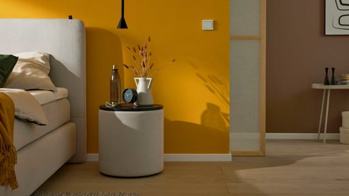 Nachttisch Interliving aus Stoff in Beige Interliving Bettensystem Serie 1420 - Nachtkonsole naturfarbener Stoffbezug Cleo & schwarzes Holz