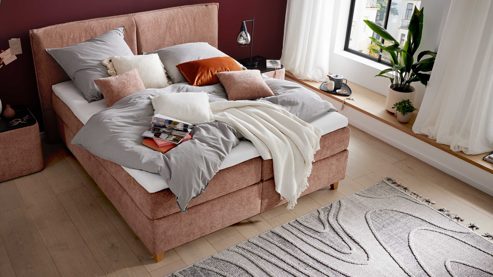 Boxspringbett Interliving aus Stoff in Rosa Interliving Bettensystem Serie 1420 - Boxspringbett sienafarbene Chenille Toni & Wildeichefüße - Liegefläche ca. 180 x 200 cm
