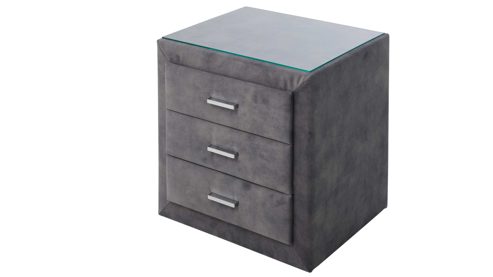 Nachtkommode Interliving aus Stoff in Grau Interliving Boxspringbett Serie 1420 - Nachtkonsole 42 silberfarbener Strickvelours Auri - drei Schubladen, Breite ca. 48 cm