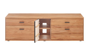 Lowboard Decker aus Holz in Holzfarben Hell Lowboard als TV-Möbel naturfarbene Kernbuche & Schiefer – drei Türen, zwei Schübe, ca. 182 x 40 cm