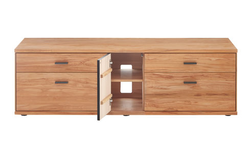 Lowboard Decker aus Holz in Holzfarben Hell Lowboard als TV-Möbel naturfarbene Kernbuche & Schiefer – drei Türen, zwei Schübe, ca. 182 x 40 cm