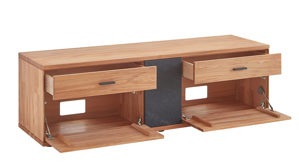 Lowboard Decker aus Holz in Holzfarben Hell Lowboard als TV-Möbel naturfarbene Kernbuche & Schiefer – drei Türen, zwei Schübe, ca. 182 x 40 cm