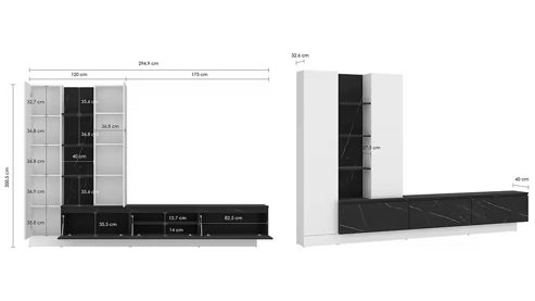 Wohnwand Wojcik aus Holz in Weiß Schwarz Wohnwand Modesto Alpinweiß & Marmoroptik Schwarz - Breite ca. 295 cm