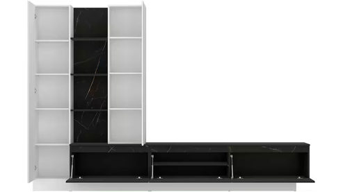 Wohnwand Wojcik aus Holz in Weiß Schwarz Wohnwand Modesto Alpinweiß & Marmoroptik Schwarz - Breite ca. 295 cm