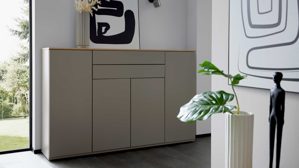 Highboard Interliving aus Holz in Grau Interliving Wohnzimmer Serie 2031 - Highboard Grau & Risseiche - vier Türen, zwei Schubladen, Breite ca. 180 cm