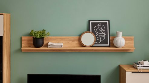 Wandregal Interliving aus Holz in Buche Interliving Wohnzimmer Serie 2032 - Wandboard PAZ.180 Balkenbuche - Länge ca. 180 cm