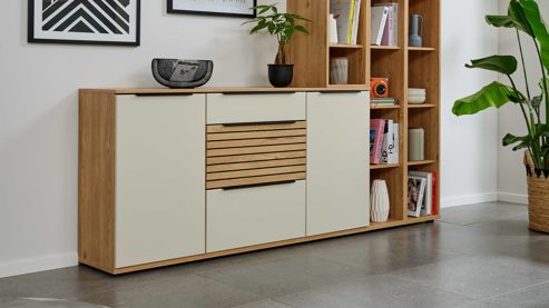 Regal Interliving aus Holz in Holzfarben Interliving Wohnzimmer Serie 2032 - Sideboard mit Regalkombination Sandbeige & Risseiche - Länge ca. 210 cm