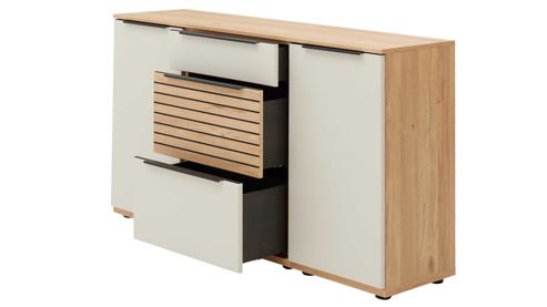 Sideboard Interliving aus Holz in Holzfarben Interliving Wohnzimmer Serie 2032 - Sideboard Sandbeige & Risseiche - zwei Türen, drei Schubladen, Länge ca. 150 cm