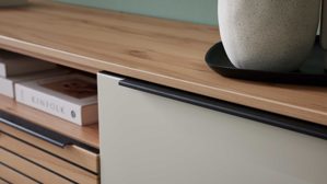 Lowboard Interliving aus Holz in Beige Interliving Wohnzimmer Serie 2032 - Lowboard Sandbeige & Balkenbuche - dreiteilig, Länge ca. 210 cm