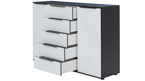 Kombikommode Interliving aus Holz in Hellgrau Interliving Schlafzimmer Serie 1210 – Kommode Seidengrau & Basalt - zwei Türen, fünf Schubladen, Breite ca. 151 cm