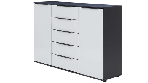 Kombikommode Interliving aus Holz in Hellgrau Interliving Schlafzimmer Serie 1210 – Kommode Seidengrau & Basalt - zwei Türen, fünf Schubladen, Breite ca. 151 cm