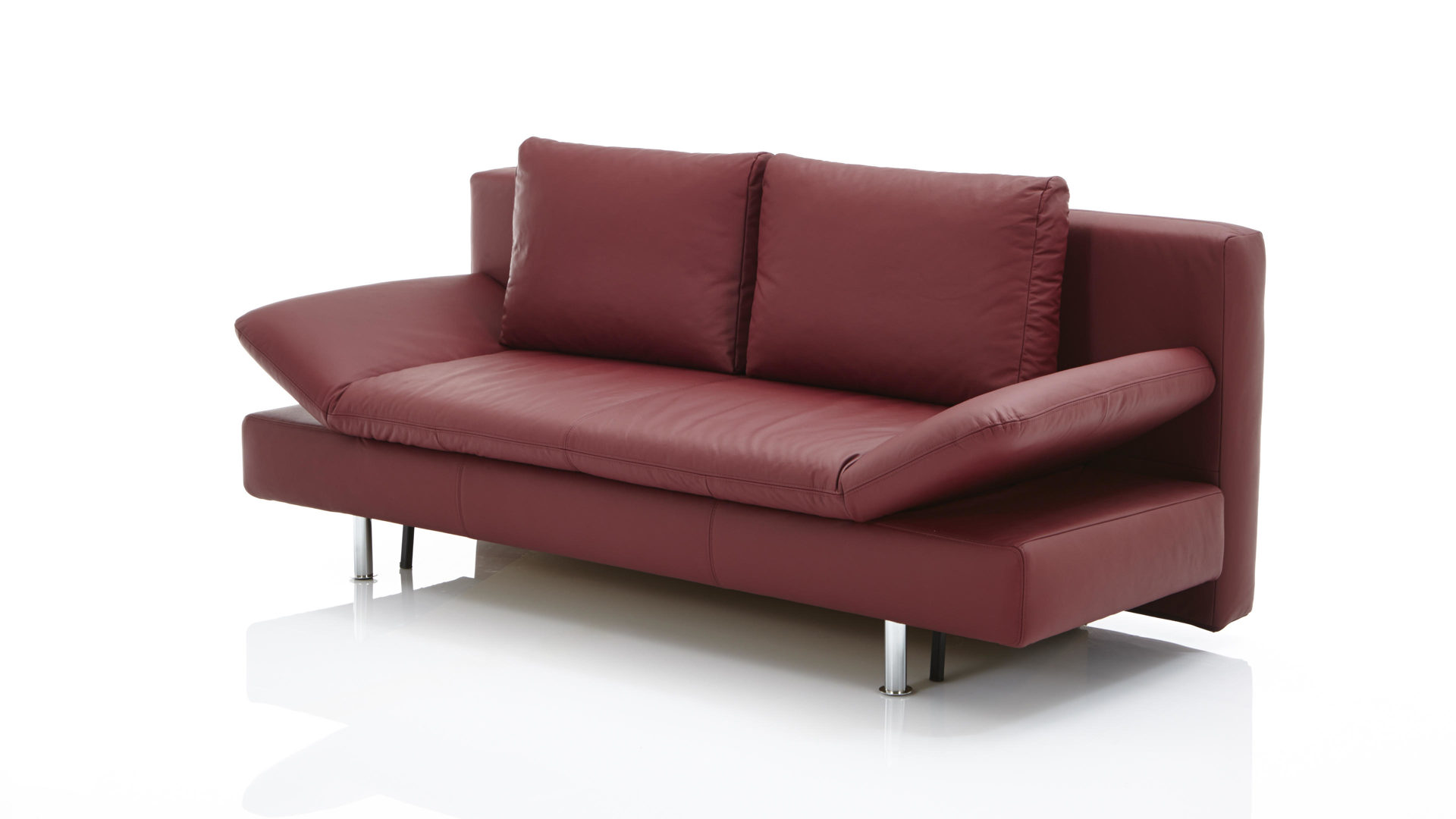 Schlafsofa comfortmaster besser sitzen, liegen, leben aus Leder in Dunkelrot Comfortmaster Schlafsofa Mia weinrotes Leder 10-1056 & verchromte Metallfüße