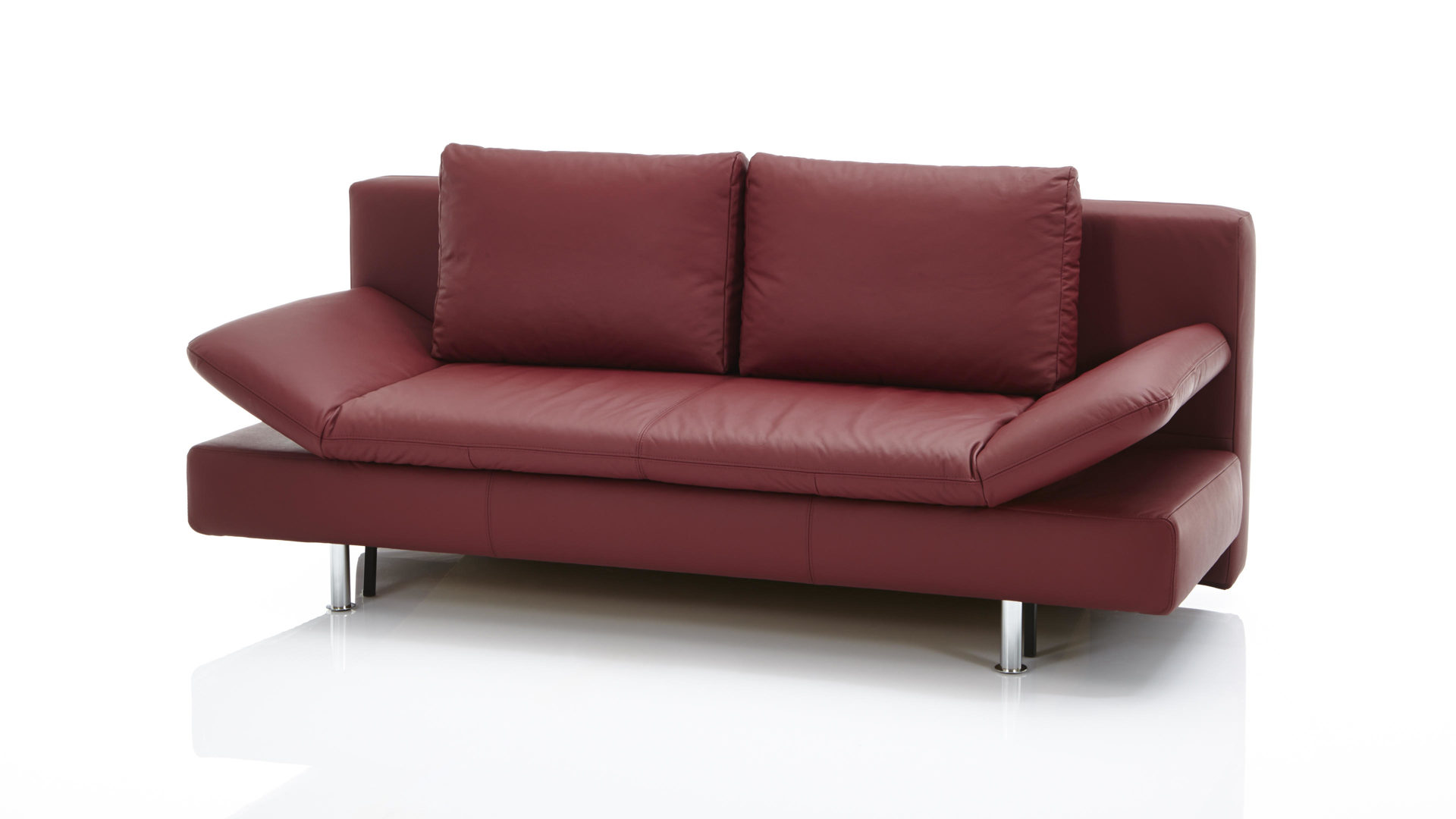 Schlafsofa comfortmaster besser sitzen, liegen, leben aus Leder in Dunkelrot Comfortmaster Schlafsofa Mia weinrotes Leder 10-1056 & verchromte Metallfüße