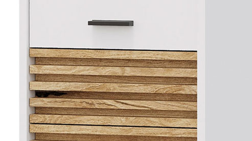 Hoch- / Seitenschrank Bega bbk aus Holz in Weiß Badezimmer-Hochschrank Weiß & Evoke Eiche – ca. 32 x 191 cm