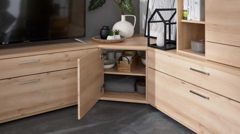 Wohnwand Interliving aus Holz in Holzfarben Hell Interliving Wohnzimmer Serie2110 - Eck-Wohnlösung Naturbuche - Stellfläche ca. 287 x 277 cm