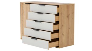 Komplettzimmer Interliving aus Holz in Hellgrau Interliving Schlafzimmer Serie 1034 – Komplettzimmer mit Stauraumkommode champagnerfarbenes Glas & Kernholz - Liegefläche ca. 180 x 200 cm