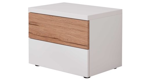 Nachtkommode Interliving aus Holz in Weiß Interliving Schlafzimmer Serie 1025 – Nachtkommode rechts, zwei Schubladen - Weiß & Balkeneiche gehackt