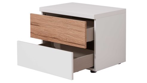 Nachtkommode Interliving aus Holz in Weiß Interliving Schlafzimmer Serie 1025 – Nachtkommode rechts, zwei Schubladen - Weiß & Balkeneiche gehackt