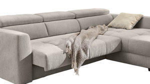 Ecksofa Job aus Stoff in Hellgrau Funktions-Ecksofa List mit Schlaffunktion hellgrauer Chenillebezug 444-19 & Schwarz – Stellfläche ca. 300 x 196 cm