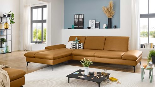 Ecksofa modulmaster aus Leder in Gelb Modulmaster MM-PN1183 - Ecksofa mit Armlehnunktion kurkumafarbenes Leder Vivre & schwarze Metallfüße W010-M01 - Stellfläche ca. 199 x 317 cm