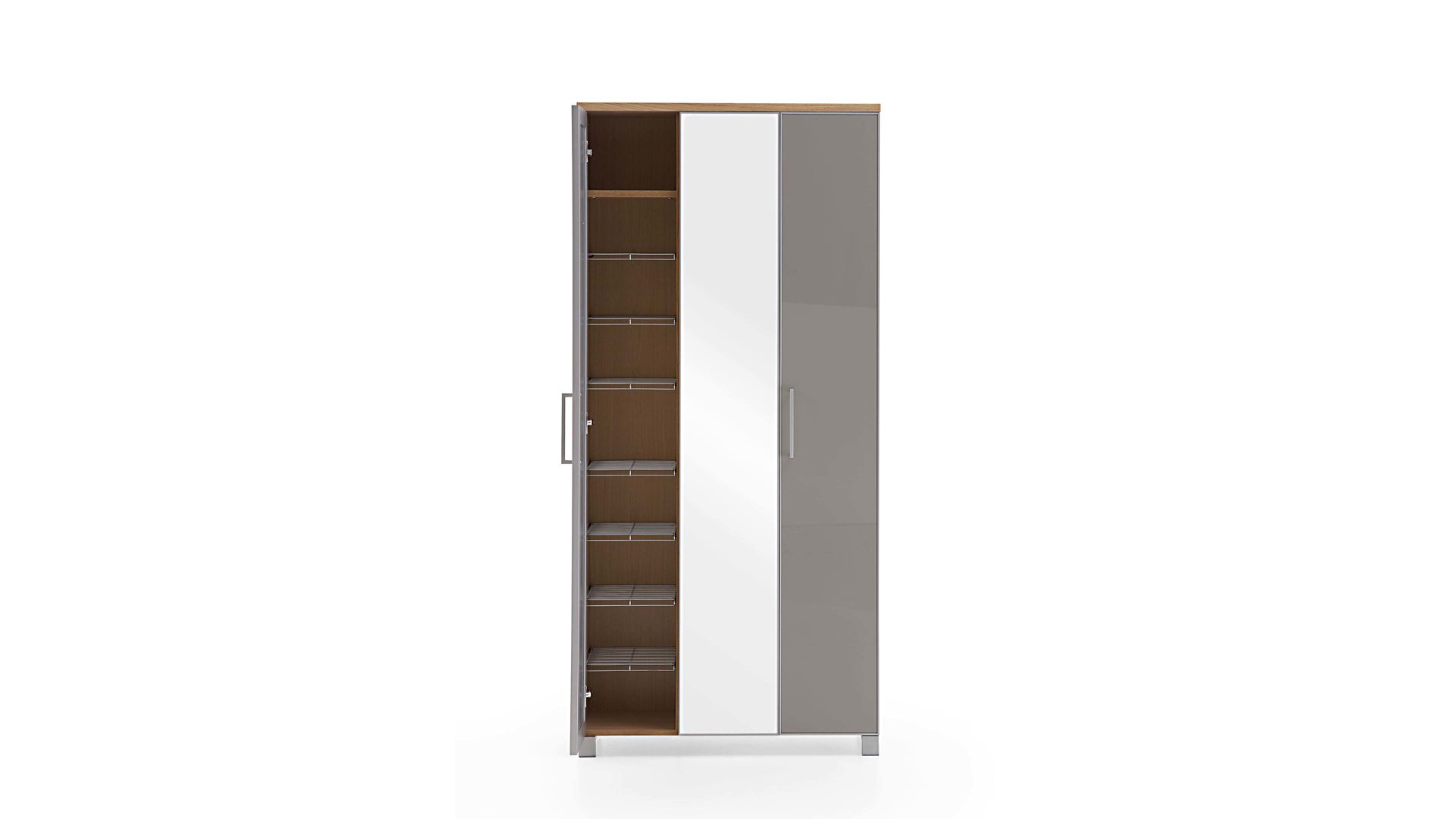 Garderobenschrank Voss möebel aus Glas in Grau VOSS MÖBEL Garderobenschrank Santina als Dielenmöbel Eiche Bianco & taupefarbenes Glas – drei Türen