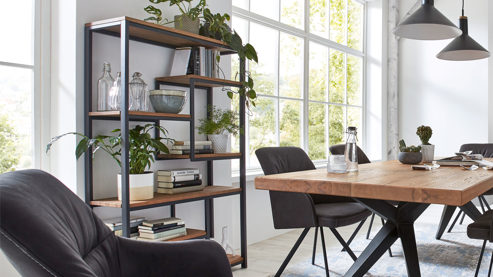 Regal WOODS & TRENDS aus Holz in Holzfarben WOODS & TRENDS Vintage-Dining - Regal Balkeneiche & geschwärztes Roheisen – Höhe ca. 183 cm