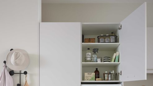 Systemküche culineo® aus Holz in Hellgrau Culineo® Hauswirtschaftsraum C615 mit Edelstahlbecken Seidengrau & Eiche Como - Stellfläche ca. 328 x 187 cm