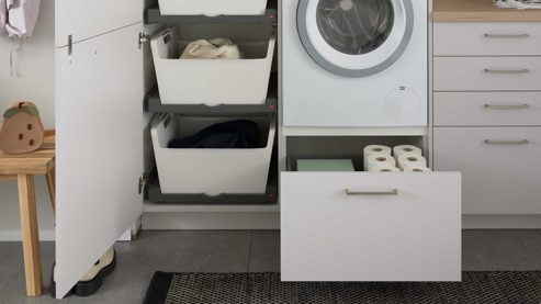 Systemküche culineo® aus Holz in Hellgrau Culineo® Hauswirtschaftsraum C615 mit Edelstahlbecken Seidengrau & Eiche Como - Stellfläche ca. 328 x 187 cm