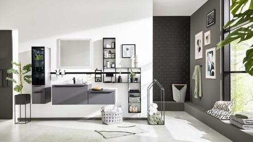 Badmöbel-Set Interliving aus Holz in Grau Interliving Bad Serie 7317 - Badmöbel-Set mit viel Zubehör Schiefergrau