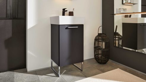 Waschtisch-Set / Waschbecken-Set Interliving aus Holz in Schwarz Interliving Bad Serie 7961 - Waschtischkombination graphitschwarzes Lacklaminat & weiße Keramik