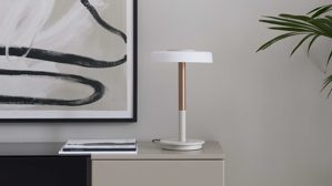 Tischleuchte Interliving aus Metall in Hellgrau Interliving Leuchten Serie 9351 - Tischlampe warmgraues & kaffeefarbenes Metall - Höhe ca. 35 cm