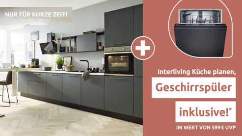 Einbauküche Interliving aus Holz in Dunkelgrün Interliving Küche Serie 3059 mit privileg Einbaugeräten Black Green - Stellfläche ca. 220 x 480 cm