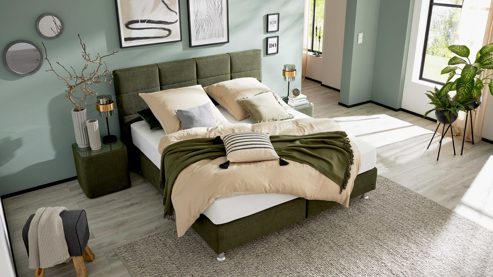 Boxspringbett Interliving aus Kunstfaser in Dunkelgrün Interliving Boxspringbett Serie 1402 – Boxspringbett moosgrüne Mikrofaser Nele 432008 - Liegefläche ca. 180 x 200 cm