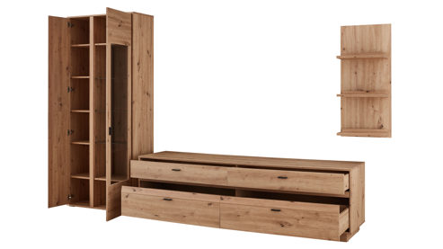 Wohnwand Ideal möbel aus Holz in Holzfarben Wohnmöbel Boca - Wohnwand Eiche Artisan - dreiteilig, Breite ca. 309 cm