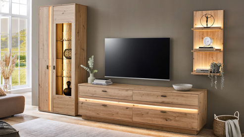 Wohnwand Ideal möbel aus Holz in Holzfarben Wohnmöbel Boca - Wohnwand Eiche Artisan - dreiteilig, Breite ca. 309 cm