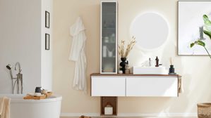 Badmöbel-Set Interliving aus Holz in Weiß Interliving Bad Serie 7357 - Beimöbel-Set satiniertes Glas & Eiche Havanna