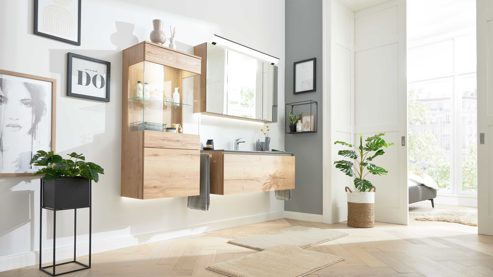 Badmöbel-Set Interliving aus Holz in Holzfarben Interliving Bad Serie 7405 - Badmöbel-Set mit Extras Eiche Sierra