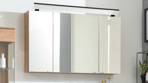 Spiegelschrank Interliving aus Spiegel in Holzfarben Interliving Bad Serie 7405 - Spiegelschrank mit Beleuchtung Eiche Sierra - drei Türen, Breite ca. 120 cm