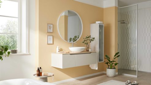 Waschtisch-Set / Waschbecken-Set Interliving aus Holz in Hellgrau Interliving Bad Serie 7969 - Badmöbel-Set mit vielen Extras sandfarbenes Lacklaminat & Eiche Como