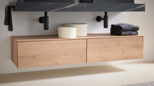 Badmöbel-Set Interliving aus Holz in Schwarz Interliving Bad Serie 3725 – Badmöbel-Set mit Extras Eiche Sierra & Marmor Venato Nero