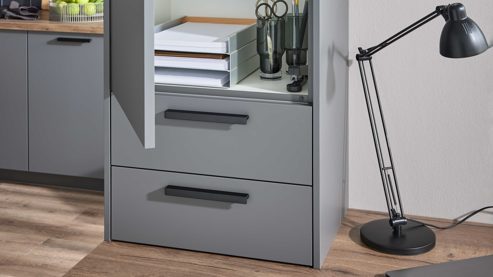 Einbauküche culineo® aus Holz in Dunkelgrau Culineo® Einbauküche C357 mit gorenje Einbaugeräten Schiefergrau & Schwarzglas - zweizeilig