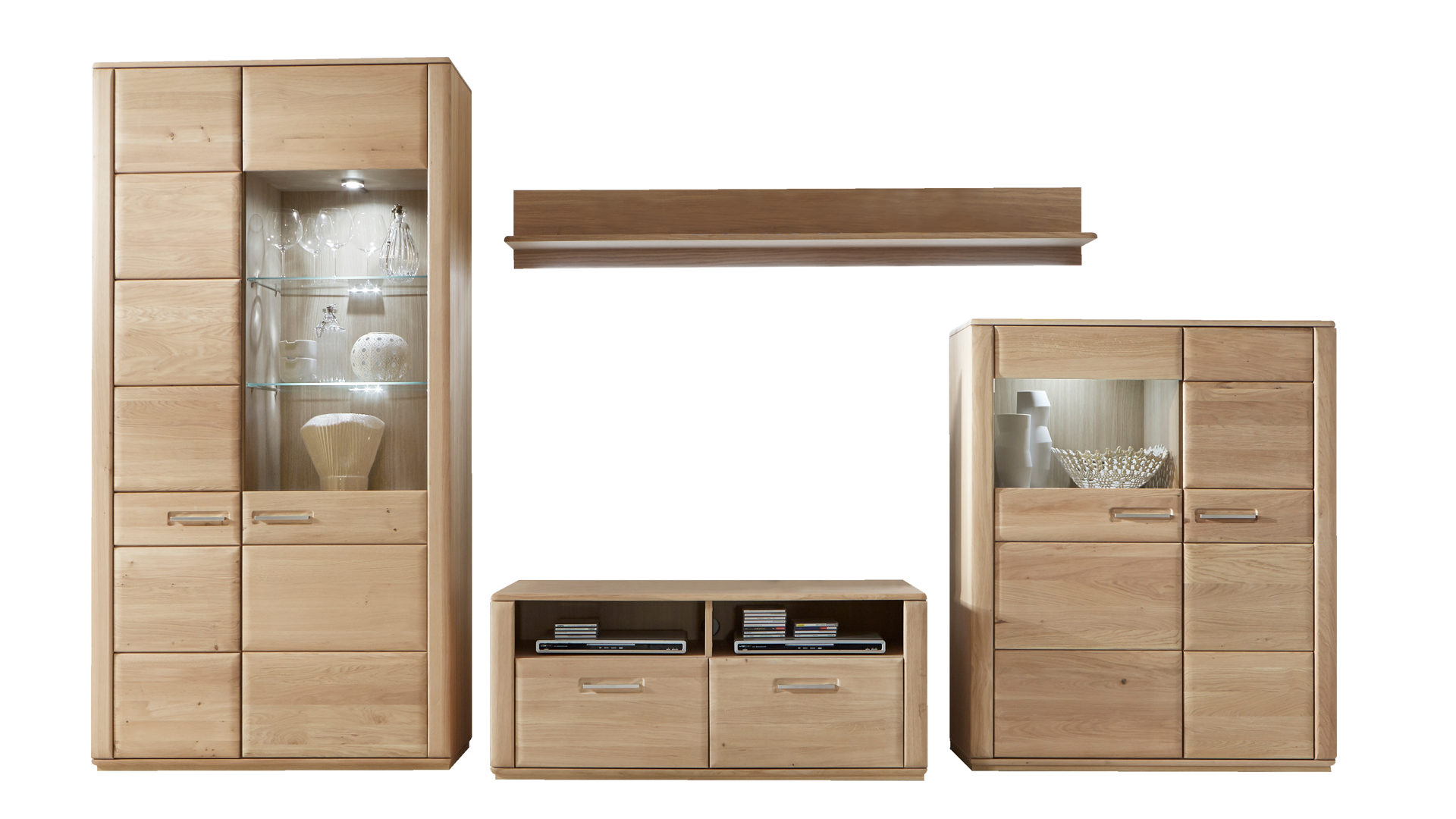 Wohnwand Mca furniture aus Holz in Holzfarben Hell Wohnprogramm Sena - Wohnwand mit Vitrine und TV-Schrank Eiche Bianco – vierteilig, Breite ca. 357 cm
