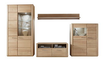 Wohnwand Mca furniture aus Holz in Holzfarben Hell Wohnprogramm Sena - Wohnwand mit Vitrine und TV-Schrank Eiche Bianco – vierteilig, Breite ca. 357 cm