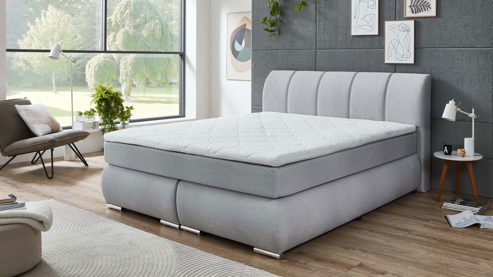 Boxspringbett Sun garden | 162719 aus Stoff in Hellgrau Boxspringbett Graz silberfarbener Bezug 50533-720 – Liegefläche ca. 180 x 200 cm