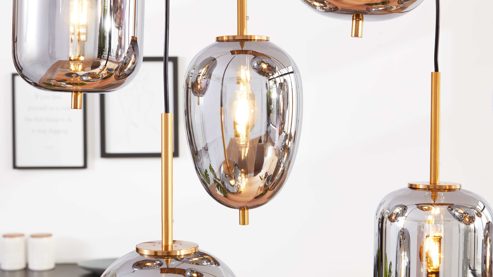 Pendelleuchte Interliving aus Glas in Grau Interliving Leuchten Serie 9334 - Hängeleuchte Rauchglas & schwarzes Metall – Länge ca. 102 cm